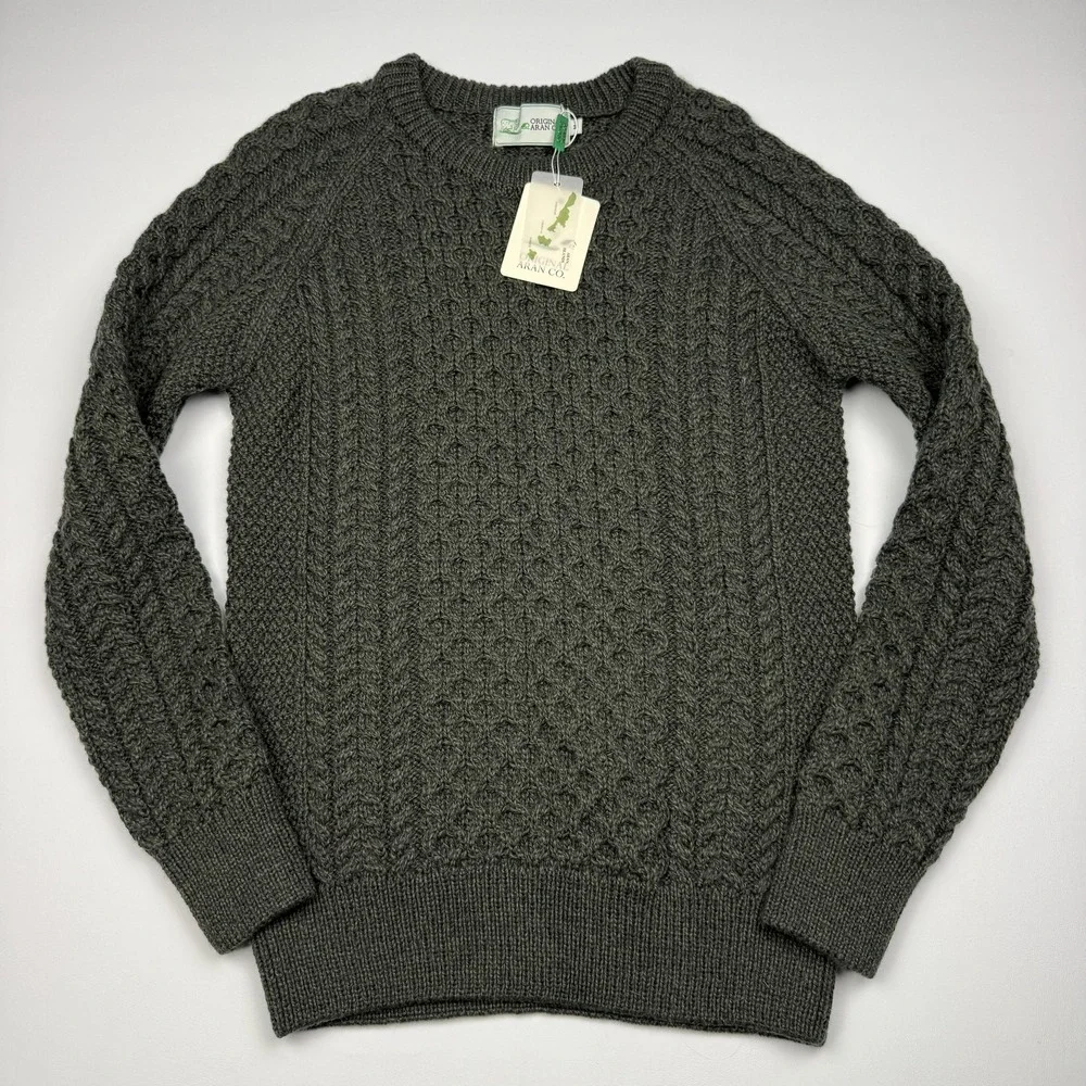 Original Aran Co Sweater Mens Medium Green Merino Wool Aran Cable Knit Crewneck